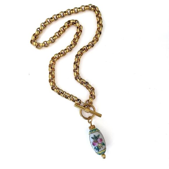 Chinese Porcelain Floral Bead Pendant Necklace - Picture 2 of 6